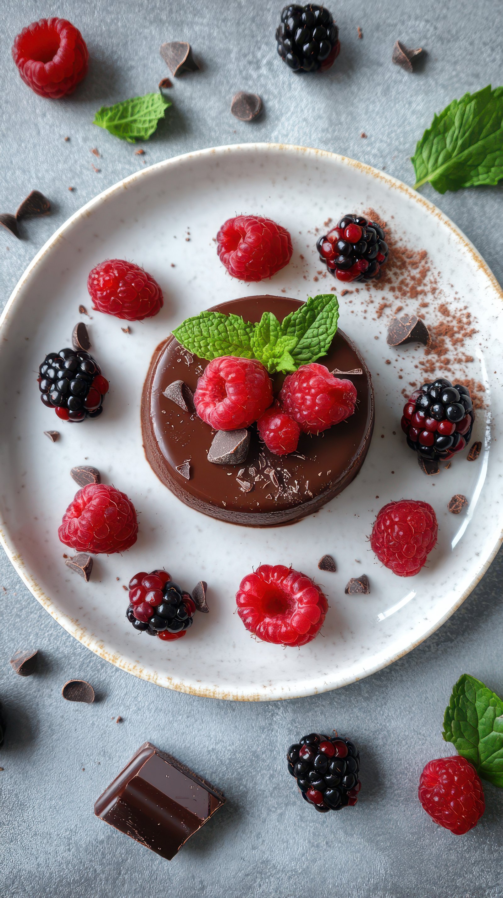 Rich chocolate dessert garnished with fresh berries and mint on a rustic plate